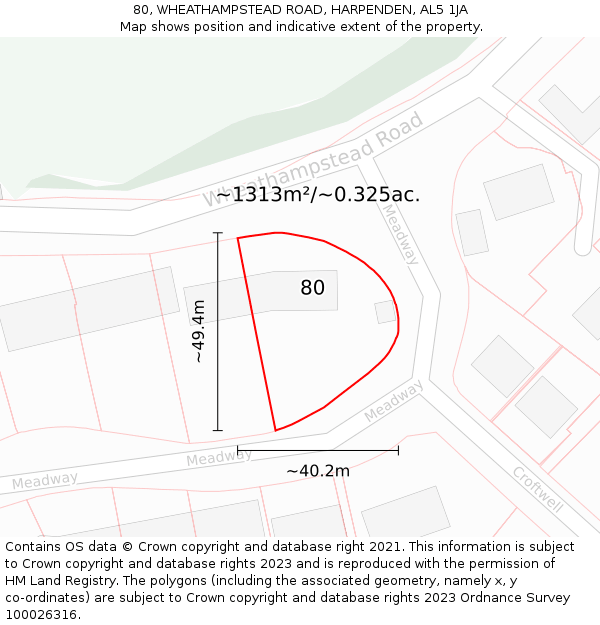 80, WHEATHAMPSTEAD ROAD, HARPENDEN, AL5 1JA: Plot and title map