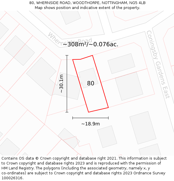 80, WHERNSIDE ROAD, WOODTHORPE, NOTTINGHAM, NG5 4LB: Plot and title map