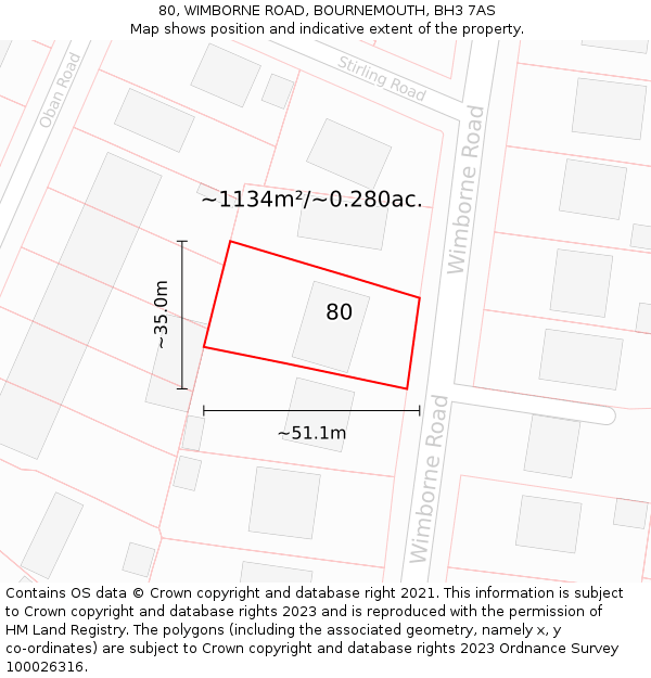 80, WIMBORNE ROAD, BOURNEMOUTH, BH3 7AS: Plot and title map