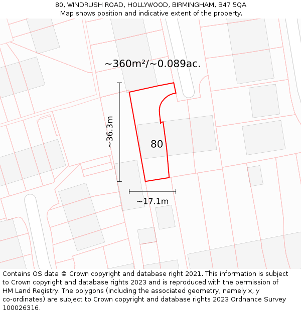 80, WINDRUSH ROAD, HOLLYWOOD, BIRMINGHAM, B47 5QA: Plot and title map