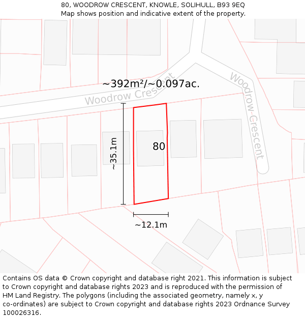 80, WOODROW CRESCENT, KNOWLE, SOLIHULL, B93 9EQ: Plot and title map