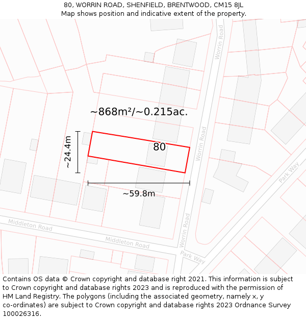 80, WORRIN ROAD, SHENFIELD, BRENTWOOD, CM15 8JL: Plot and title map