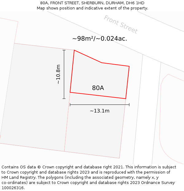 80A, FRONT STREET, SHERBURN, DURHAM, DH6 1HD: Plot and title map