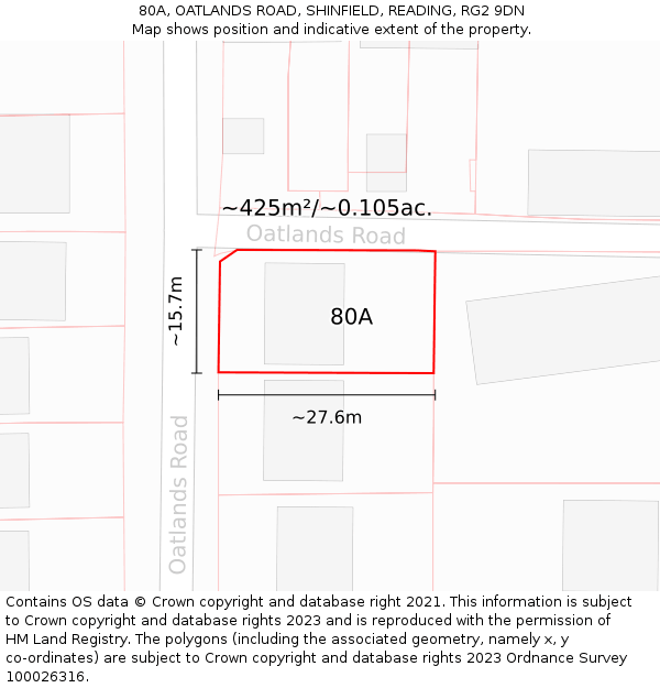 80A, OATLANDS ROAD, SHINFIELD, READING, RG2 9DN: Plot and title map