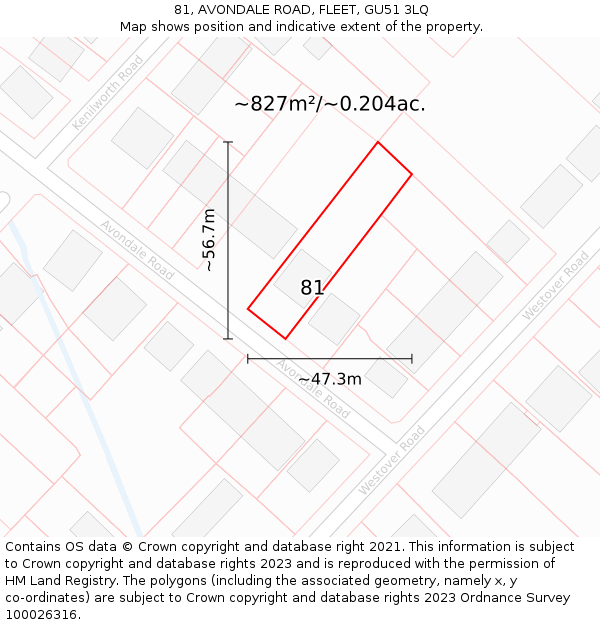 81, AVONDALE ROAD, FLEET, GU51 3LQ: Plot and title map
