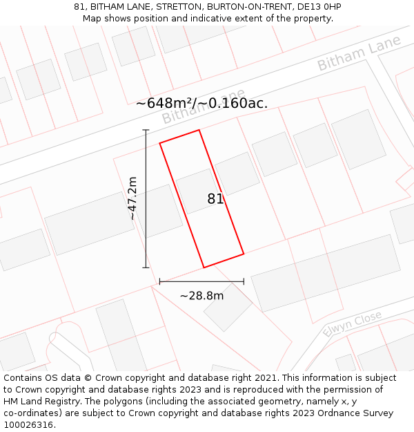 81, BITHAM LANE, STRETTON, BURTON-ON-TRENT, DE13 0HP: Plot and title map