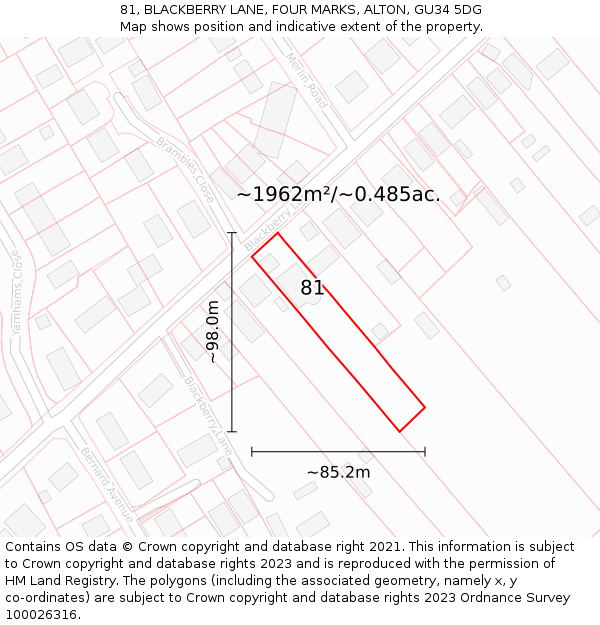 81, BLACKBERRY LANE, FOUR MARKS, ALTON, GU34 5DG: Plot and title map