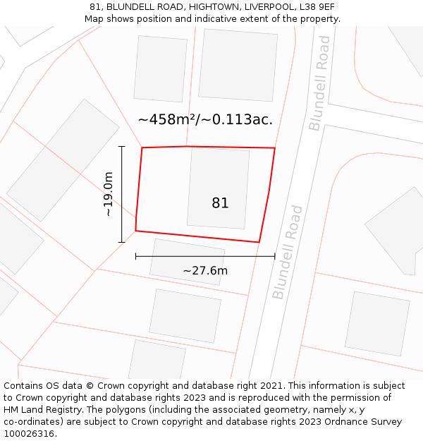 81, BLUNDELL ROAD, HIGHTOWN, LIVERPOOL, L38 9EF: Plot and title map
