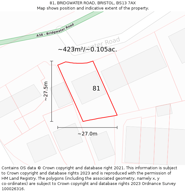 81, BRIDGWATER ROAD, BRISTOL, BS13 7AX: Plot and title map