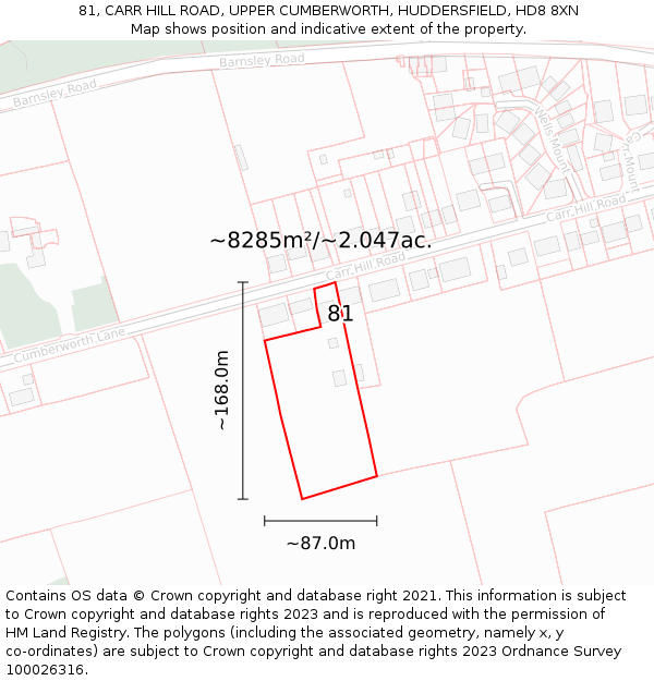 81, CARR HILL ROAD, UPPER CUMBERWORTH, HUDDERSFIELD, HD8 8XN: Plot and title map