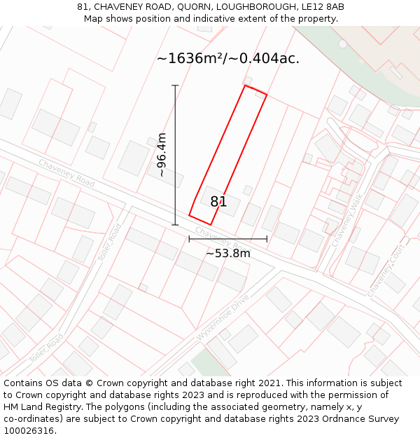 81, CHAVENEY ROAD, QUORN, LOUGHBOROUGH, LE12 8AB: Plot and title map