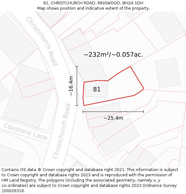 81, CHRISTCHURCH ROAD, RINGWOOD, BH24 1DH: Plot and title map