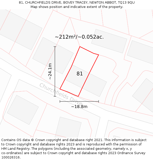 81, CHURCHFIELDS DRIVE, BOVEY TRACEY, NEWTON ABBOT, TQ13 9QU: Plot and title map