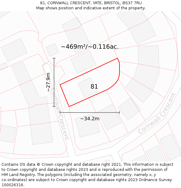 81, CORNWALL CRESCENT, YATE, BRISTOL, BS37 7RU: Plot and title map