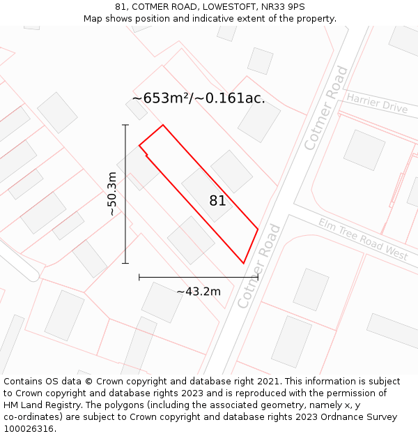 81, COTMER ROAD, LOWESTOFT, NR33 9PS: Plot and title map