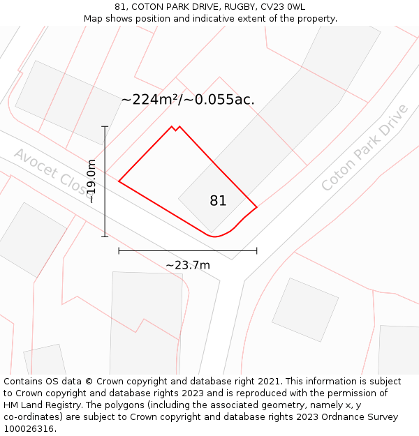 81, COTON PARK DRIVE, RUGBY, CV23 0WL: Plot and title map