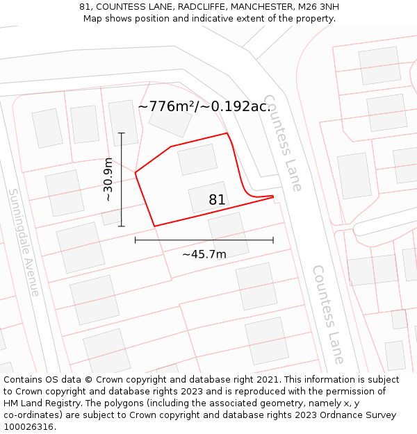 81, COUNTESS LANE, RADCLIFFE, MANCHESTER, M26 3NH: Plot and title map
