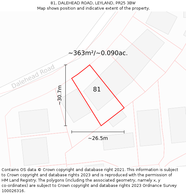 81, DALEHEAD ROAD, LEYLAND, PR25 3BW: Plot and title map