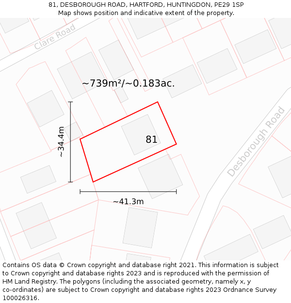 81, DESBOROUGH ROAD, HARTFORD, HUNTINGDON, PE29 1SP: Plot and title map