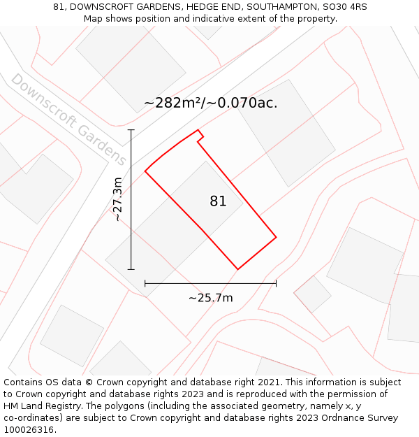 81, DOWNSCROFT GARDENS, HEDGE END, SOUTHAMPTON, SO30 4RS: Plot and title map