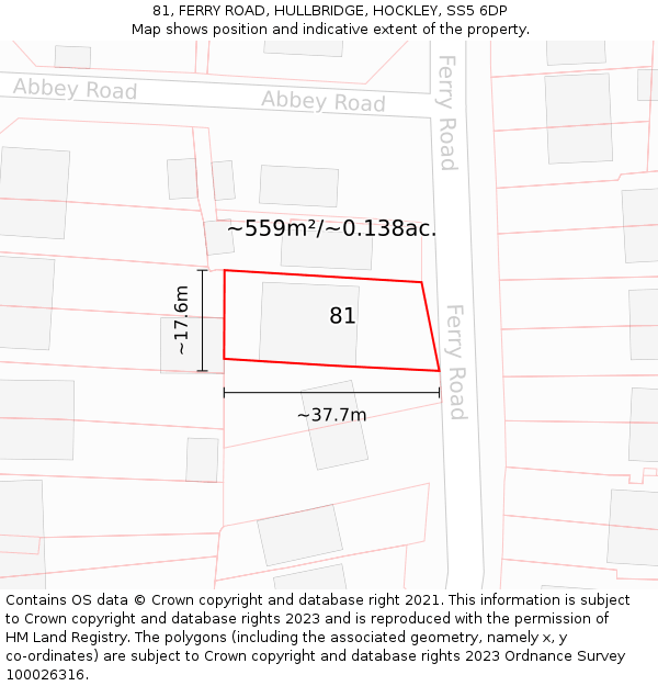 81, FERRY ROAD, HULLBRIDGE, HOCKLEY, SS5 6DP: Plot and title map