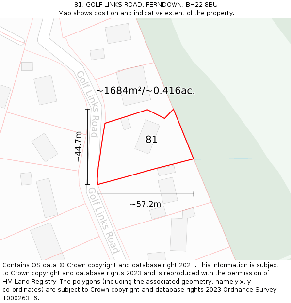 81, GOLF LINKS ROAD, FERNDOWN, BH22 8BU: Plot and title map
