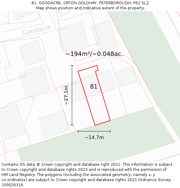 81, GOODACRE, ORTON GOLDHAY, PETERBOROUGH, PE2 5LZ: Plot and title map