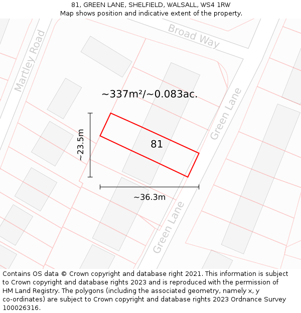 81, GREEN LANE, SHELFIELD, WALSALL, WS4 1RW: Plot and title map