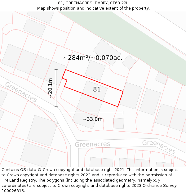 81, GREENACRES, BARRY, CF63 2PL: Plot and title map
