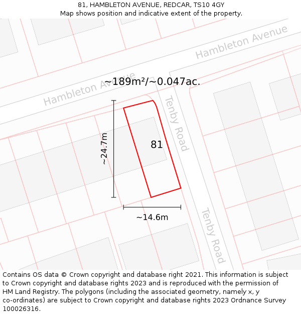 81, HAMBLETON AVENUE, REDCAR, TS10 4GY: Plot and title map