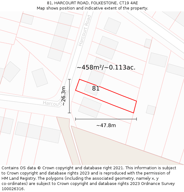 81, HARCOURT ROAD, FOLKESTONE, CT19 4AE: Plot and title map