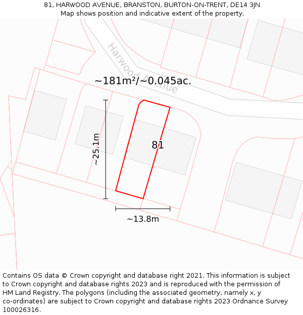 81, HARWOOD AVENUE, BRANSTON, BURTON-ON-TRENT, DE14 3JN: Plot and title map