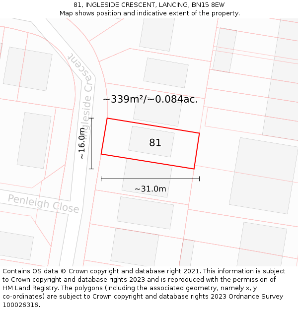81, INGLESIDE CRESCENT, LANCING, BN15 8EW: Plot and title map