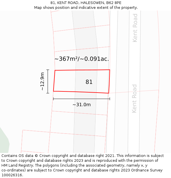 81, KENT ROAD, HALESOWEN, B62 8PE: Plot and title map