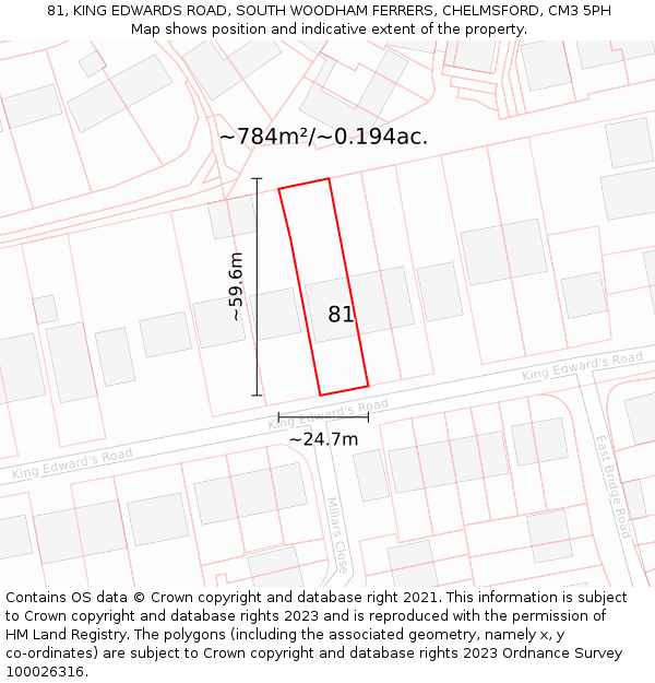 81, KING EDWARDS ROAD, SOUTH WOODHAM FERRERS, CHELMSFORD, CM3 5PH: Plot and title map