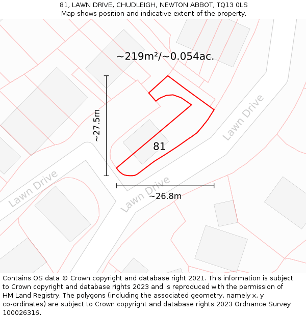 81, LAWN DRIVE, CHUDLEIGH, NEWTON ABBOT, TQ13 0LS: Plot and title map