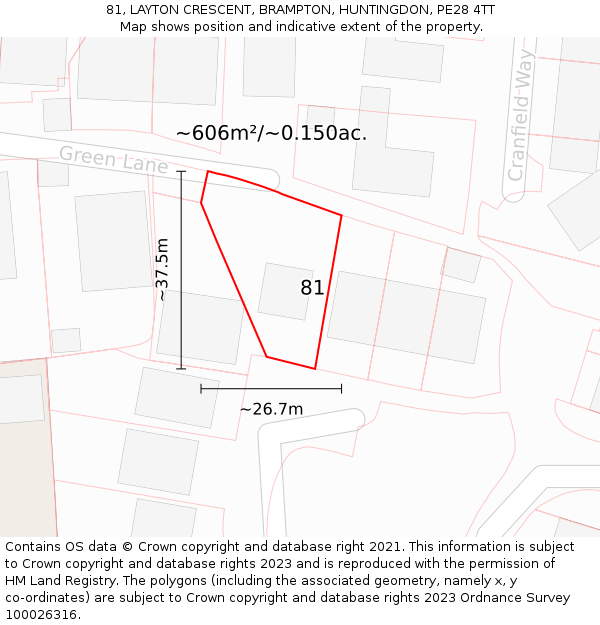 81, LAYTON CRESCENT, BRAMPTON, HUNTINGDON, PE28 4TT: Plot and title map