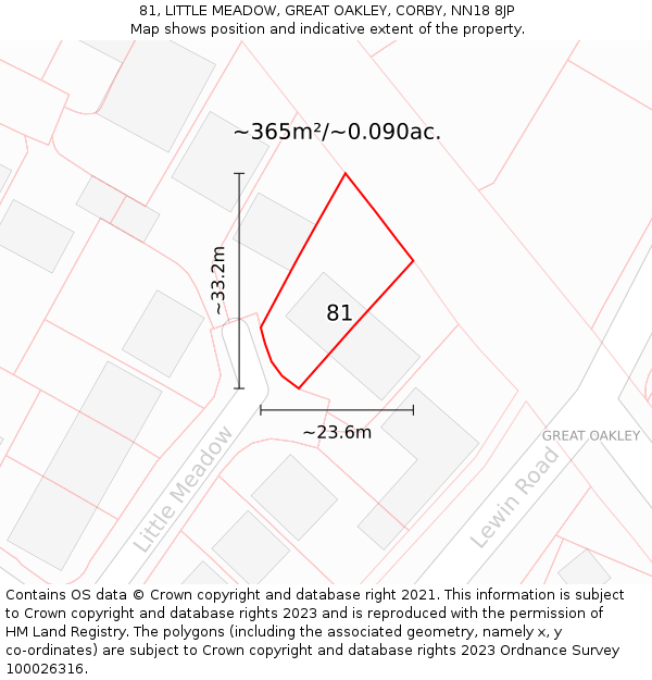 81, LITTLE MEADOW, GREAT OAKLEY, CORBY, NN18 8JP: Plot and title map
