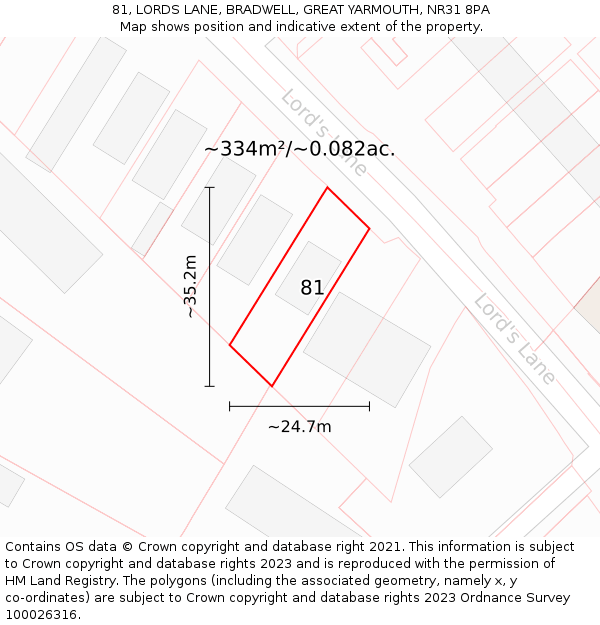 81, LORDS LANE, BRADWELL, GREAT YARMOUTH, NR31 8PA: Plot and title map