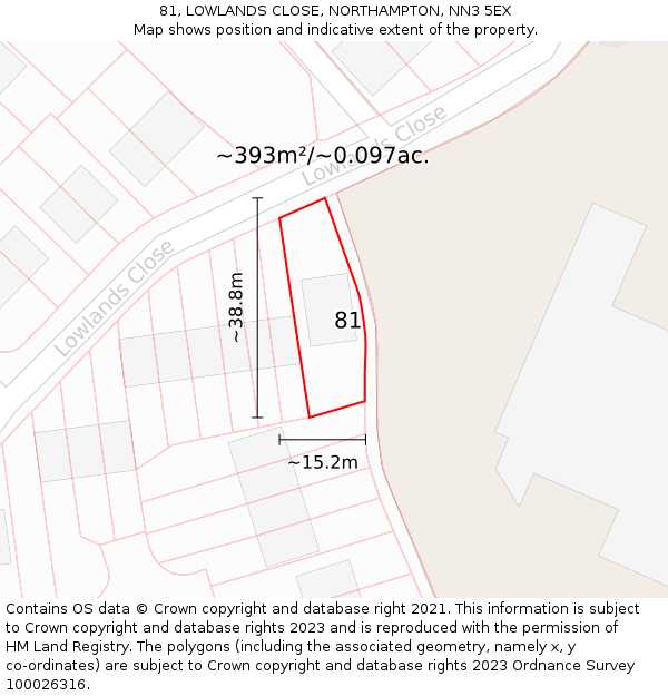 81, LOWLANDS CLOSE, NORTHAMPTON, NN3 5EX: Plot and title map