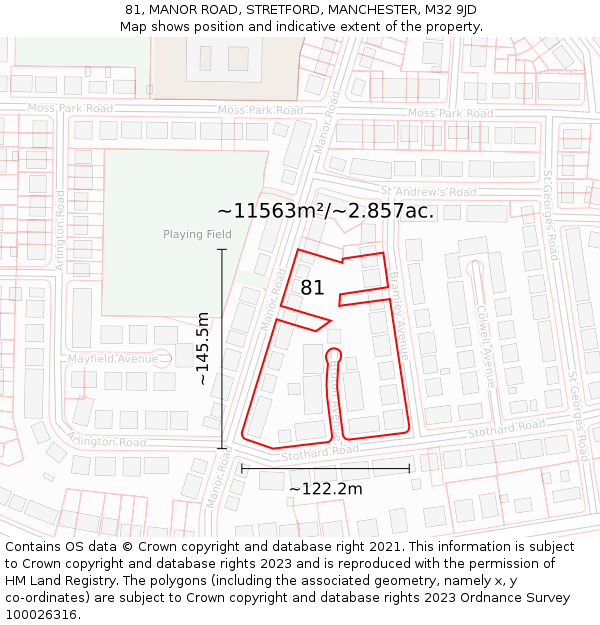 81, MANOR ROAD, STRETFORD, MANCHESTER, M32 9JD: Plot and title map