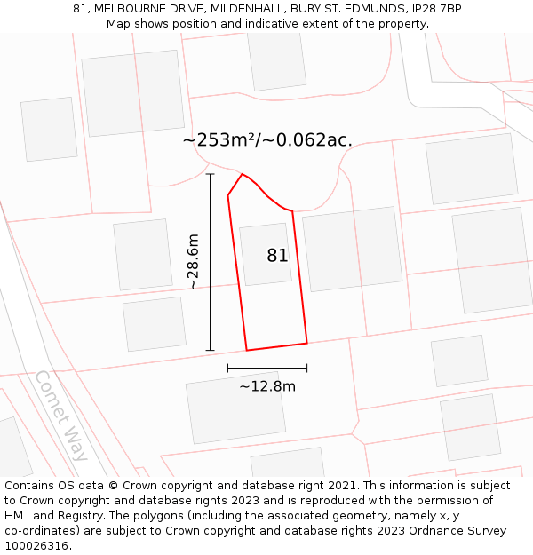 81, MELBOURNE DRIVE, MILDENHALL, BURY ST. EDMUNDS, IP28 7BP: Plot and title map