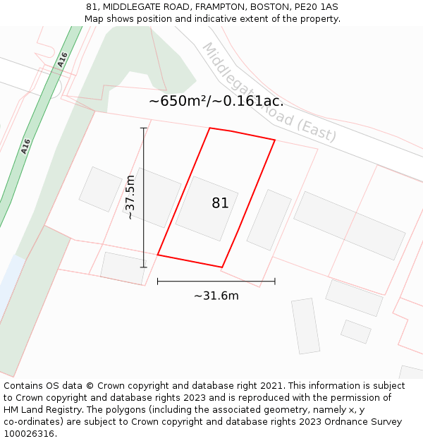 81, MIDDLEGATE ROAD, FRAMPTON, BOSTON, PE20 1AS: Plot and title map