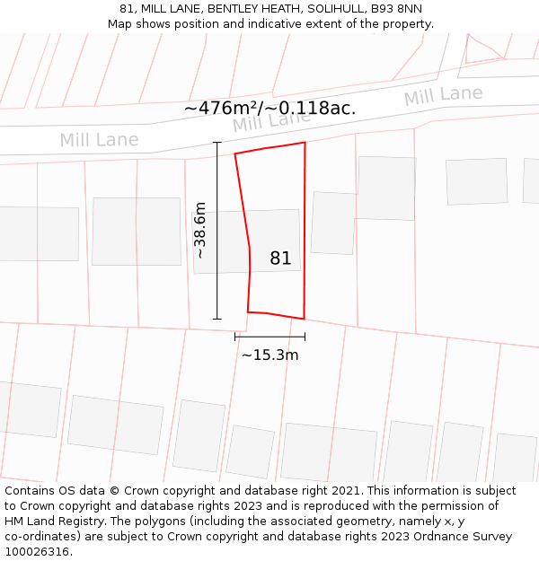 81, MILL LANE, BENTLEY HEATH, SOLIHULL, B93 8NN: Plot and title map