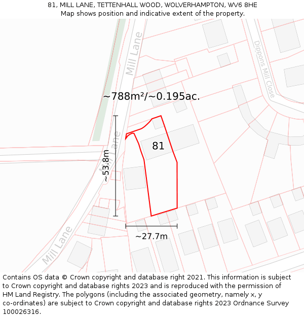 81, MILL LANE, TETTENHALL WOOD, WOLVERHAMPTON, WV6 8HE: Plot and title map