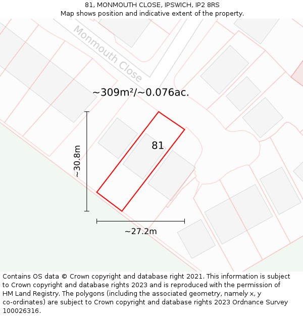 81, MONMOUTH CLOSE, IPSWICH, IP2 8RS: Plot and title map