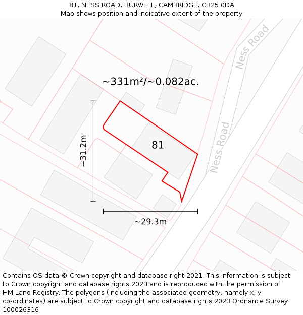 81, NESS ROAD, BURWELL, CAMBRIDGE, CB25 0DA: Plot and title map