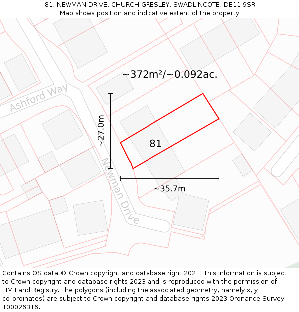 81, NEWMAN DRIVE, CHURCH GRESLEY, SWADLINCOTE, DE11 9SR: Plot and title map