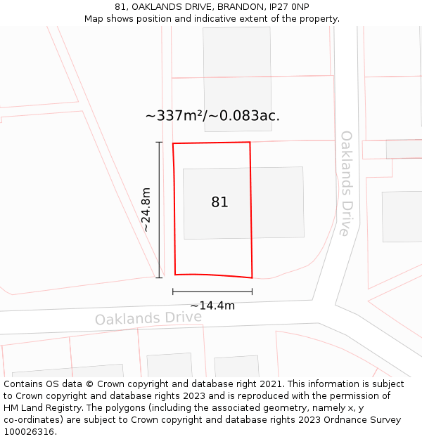 81, OAKLANDS DRIVE, BRANDON, IP27 0NP: Plot and title map