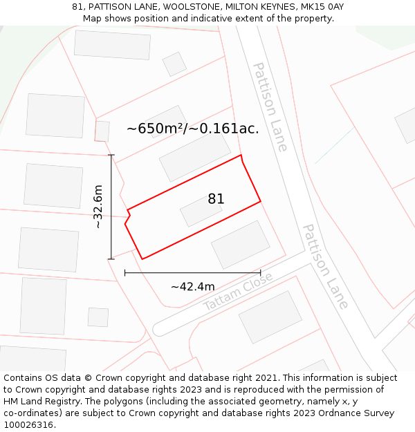 81, PATTISON LANE, WOOLSTONE, MILTON KEYNES, MK15 0AY: Plot and title map